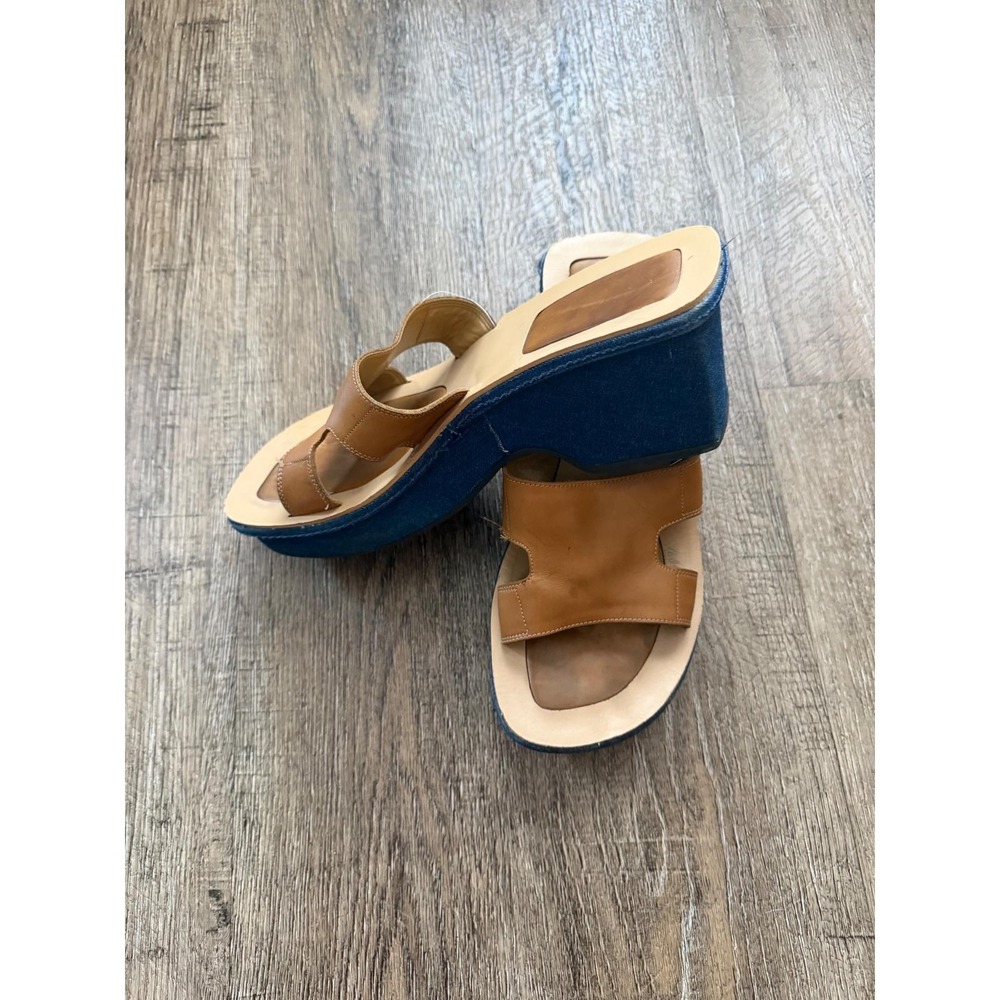 Enzo Angiolini Vintage Tan Leather Denim Platform Wedge Slide Sandals ODIN 9M